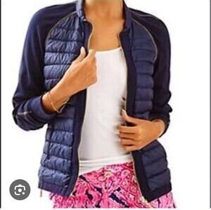 Lilly Pulitzer Navy Quilted Puffer Jacket With Gold Zippers And Tassel Size S